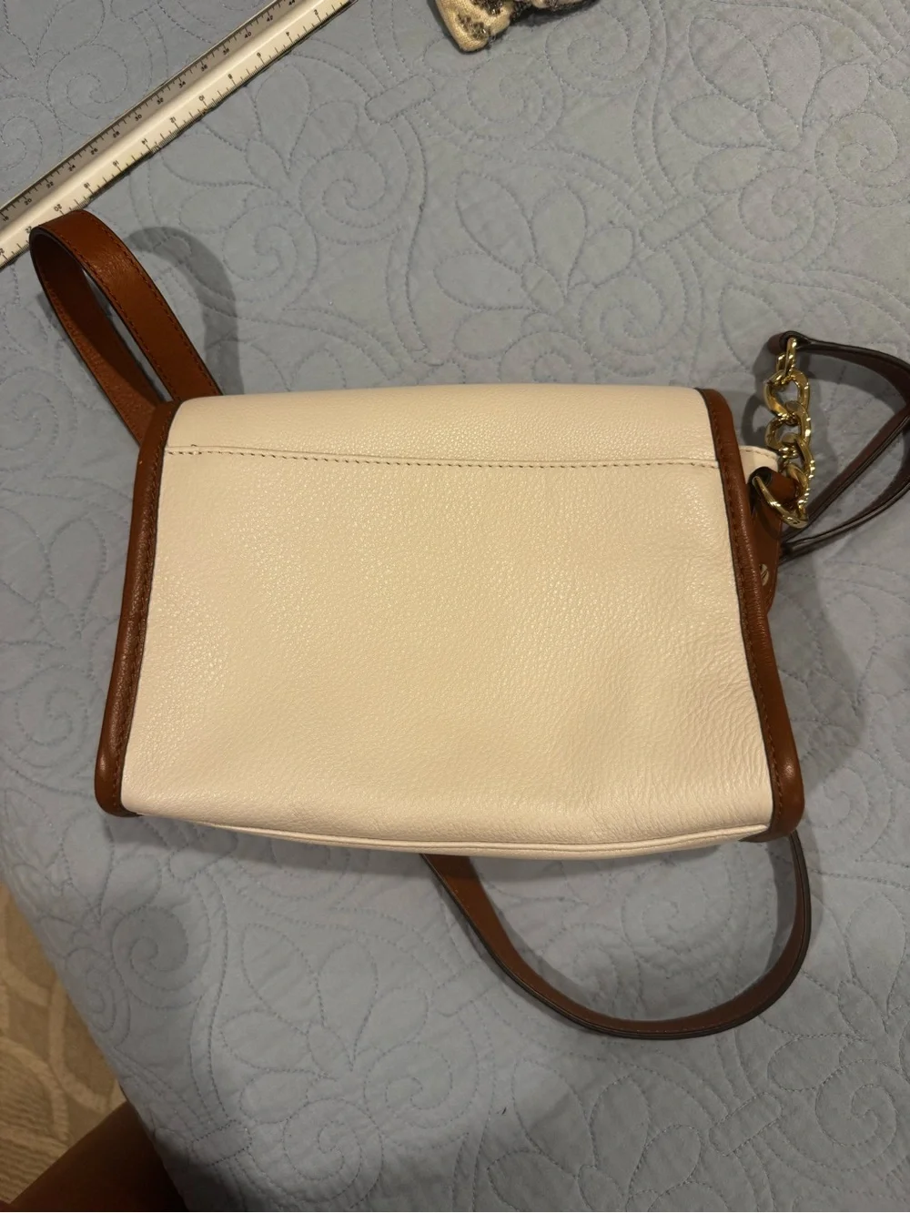 Michael Kors White and Brown Leather MK Logo Crossbody